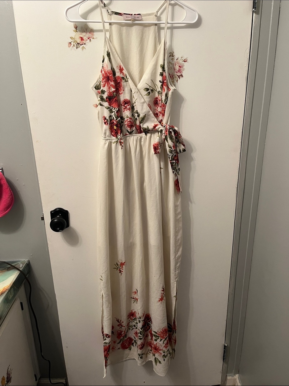 Cream Floral Wrap Maxi Dress with Red and Pink Blooms